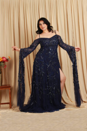 Royal Blue Embellished Gown With Drop Sleeves