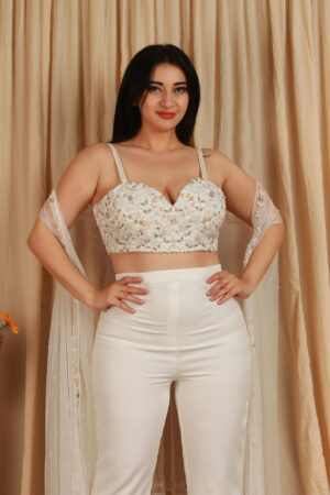 White Co-Ord Set With Embroidered Bustier And Sheer Shrug