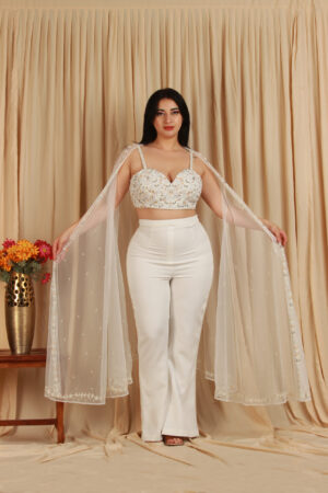 White co-ord set with embroidered bustier and sheer shrug1