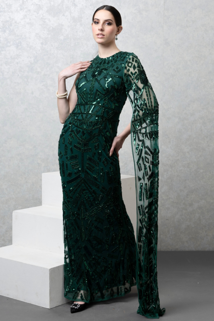Buy Classic Green Embellished Gown With Waterfall Sleeve Online ...