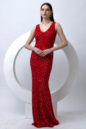 Red Body-Con Embellished Gown