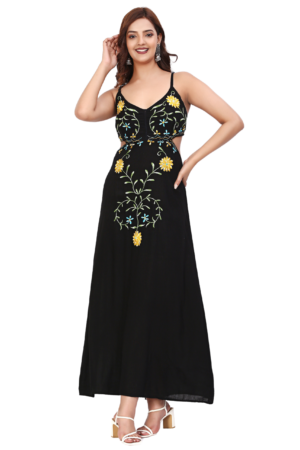 Black Cut-out Embroidered Dress - Front