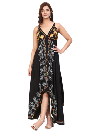 Black Embroidered Abstract Long Dress - Front