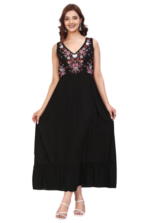 Black Embroidered Classic Dress - Front