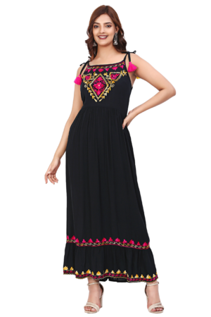 Black Embroidered Dress With Dori Detail - Front