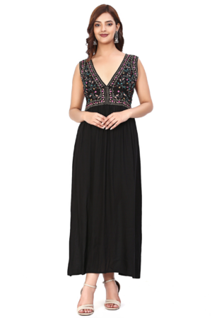 Black Embroidered Long Dress - Front