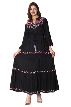 Black Embroidered Tiered Dress - Front