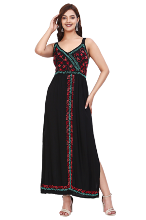 Black Floral Embroidered Rayon Maxi - Front