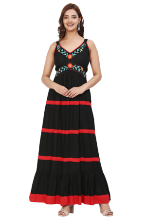 Black Frilled Dress With Embroidery - Front