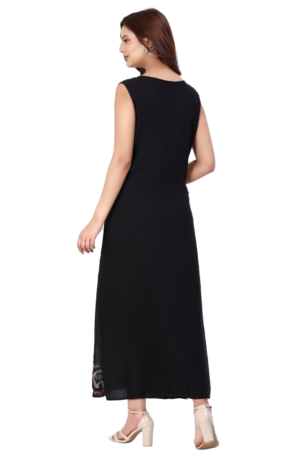 Black Long Rayon Embroidered Dress - Back