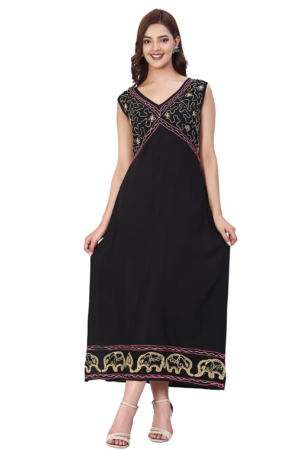 Black Long Rayon Embroidered Dress - Front
