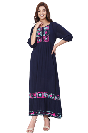 Black Pink Embroidered Long Dress - Front