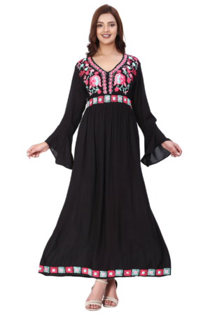 Black Pink Embroidered Maxi Dress - Front