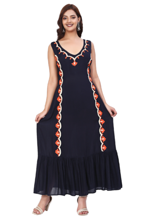 Black Rayon Embroidered Floral Dress - Front