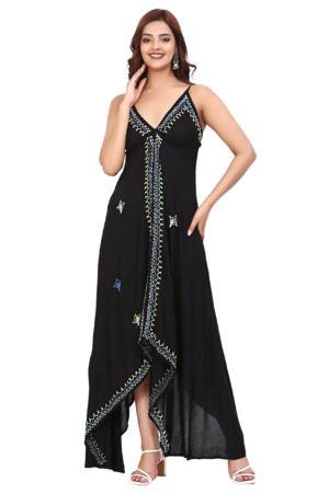 Black Rayon Strap Sleeve Beach Dress - Front