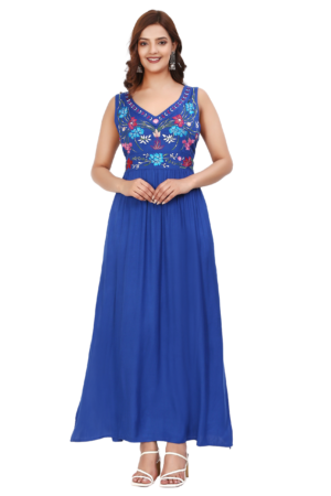 Blue Embroidered Long Dress - Front