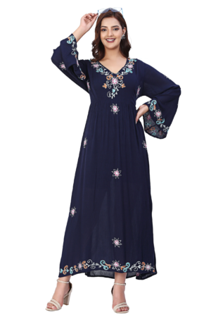 Blue Embroidered Long Dress - Front