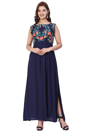 Blue Flared Embroidered Dress - Front
