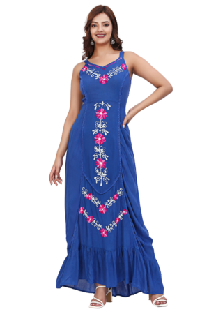 Blue Floral Embroidered Rayon dress - Front
