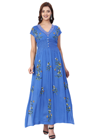Blue Floral Rayon Dress - Front