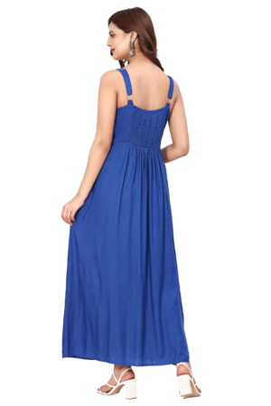 Blue Floral V-neck Embroidered Dress - Back