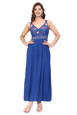 Blue Floral V-neck Embroidered Dress - Front