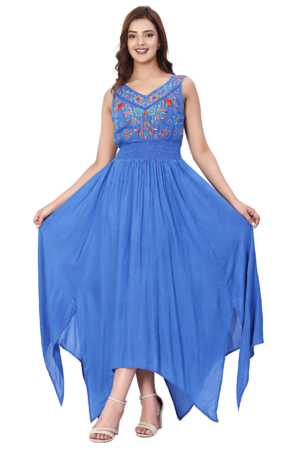 Blue High-Low Embroidered Dress - Front