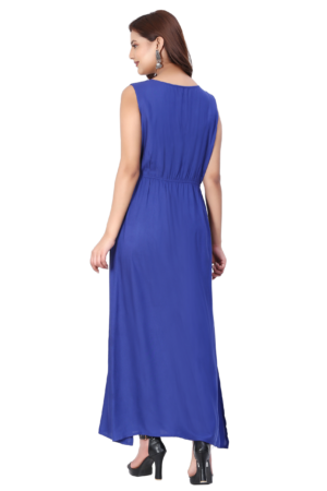 Blue Rayon Embroidered Long Dress - Back