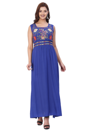 Blue Rayon Embroidered Long Dress - Front