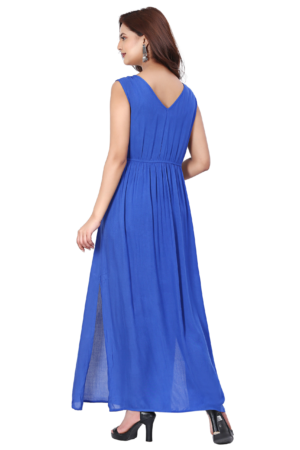 Blue Rayon Long Dress With Slit - Back
