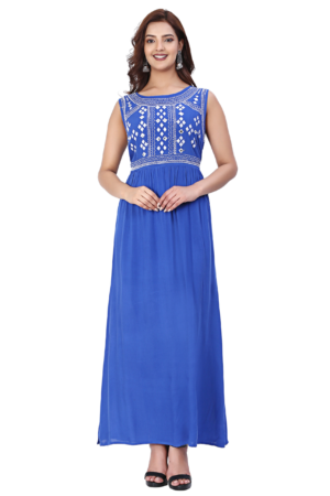Blue Rayon Long Dress With Slit - Front