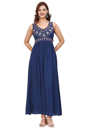 Blue Rayon Slit Dress - Front