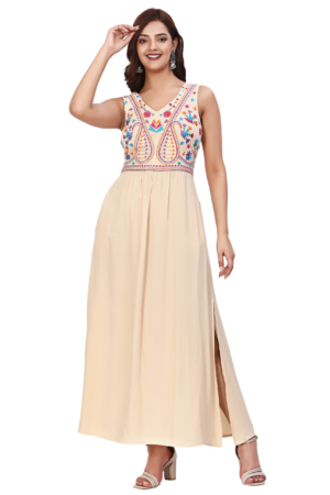 Cream Embroidered Summer Long Dress - Front