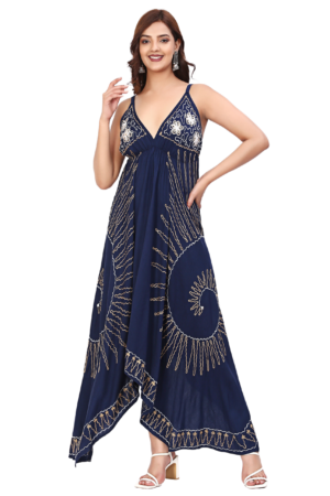 Navy Blue Abstract Embroidered Long Dress - Front