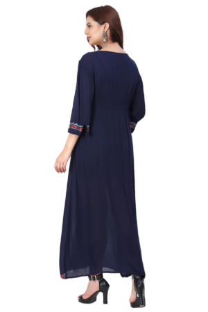 Navy Blue Embroiderd Long Rayon Dress - Back