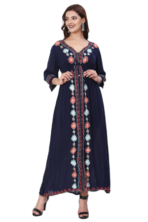 Navy Blue Embroiderd Long Rayon Dress - Front