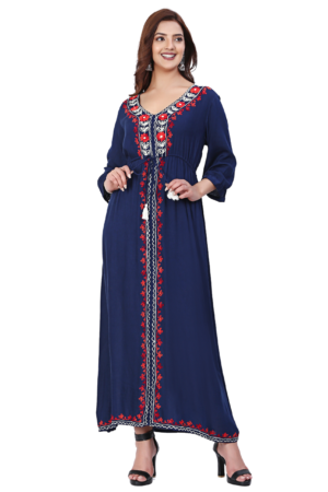 Navy Blue Embroidered Long Dress - Front