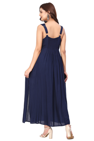 Navy Blue Fit & Flared Embroidered Dress - Back