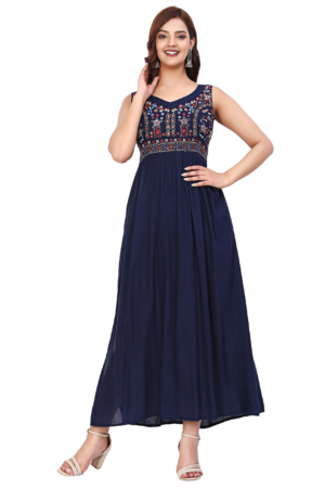 Navy Blue Fit & Flared Embroidered Dress - Front