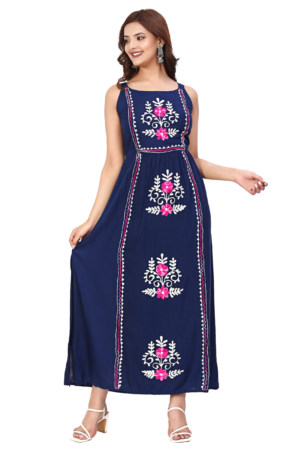 Navy Blue Floral Embroidered Dress - Front