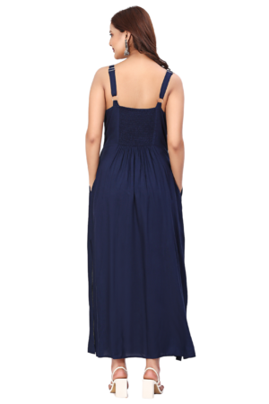 Navy Blue Long Rayon Slit Dress - Back