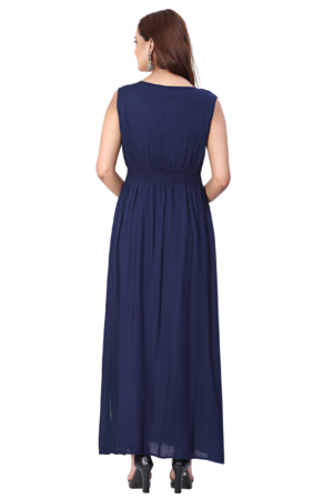 Navy Blue Rayon Long Embroidered Dress - Back