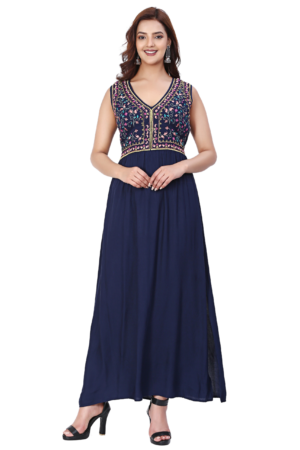 Navy Blue Rayon Long Embroidered Dress - Front