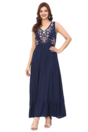 Navy Blue V-neck Rayon Embroidered Dress - Front