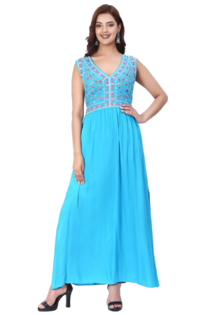 Sky Blue Long Embroiderd Cut Sleeve Dress- Front