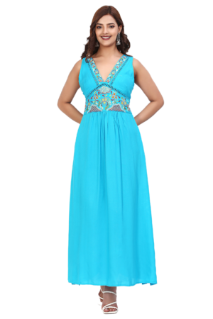 Sky Blue Rayon Lace Long Dress - Front