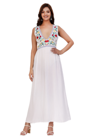 White Floral Embroidered Long Dress - Front