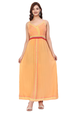 Yellow Embroidered Long Dress - Front