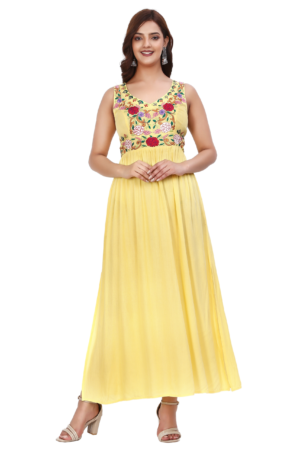 Yellow Floral Embroidered Dress - Front