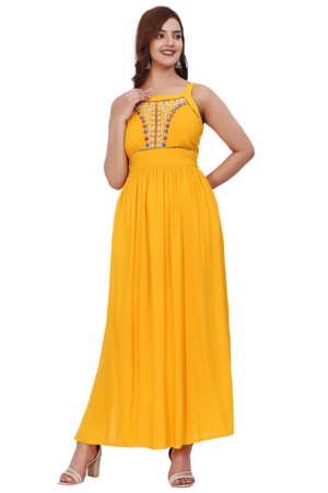 Yellow Long Slit Embroidered Dress - Front